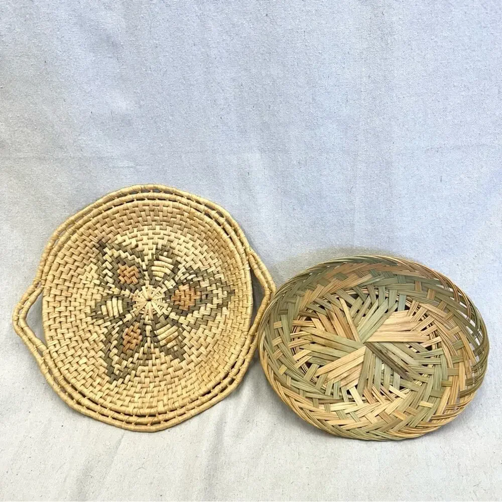 Vintage set of 2 southwest boho woven wicker basket/tray in natural‎ & greens